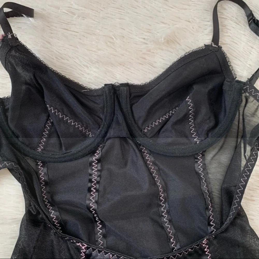 Vintage Y2K Black Satin Corset Style Slip w Pink Trim Set